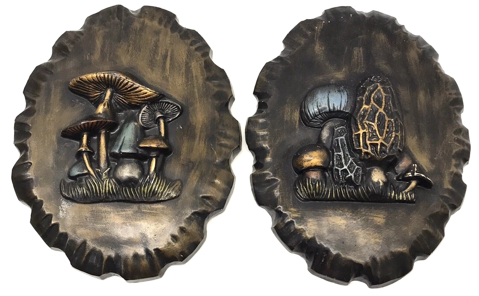 Vintage 3D Mushroom Wall Plaques 70’s Hickory Chicken Chalk Ware Kitchen Set