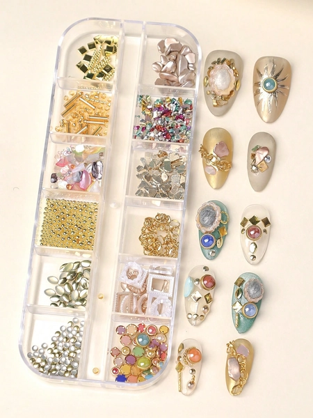 12-Grid Nail Art Decorations, Gold Rivets, Gold Steel Beads, Shell Pieces, Gold Chains, Baroque Nail Art Decor, Gold Nail Supplies, Nail Art Gems