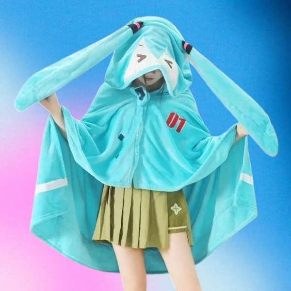 Kawaii Hatsune Miku Hooded Blanket | Soft Flannel Miku Cloak Shawl | Anime Air Conditioning Blanket | Cute Miku Cosplay Cape Gift for Fans