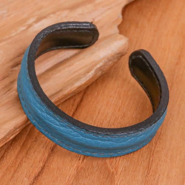 Men's Handcrafted Teal Leather Cuff Bracelet from Thailand, 'Rugged Simplicity'