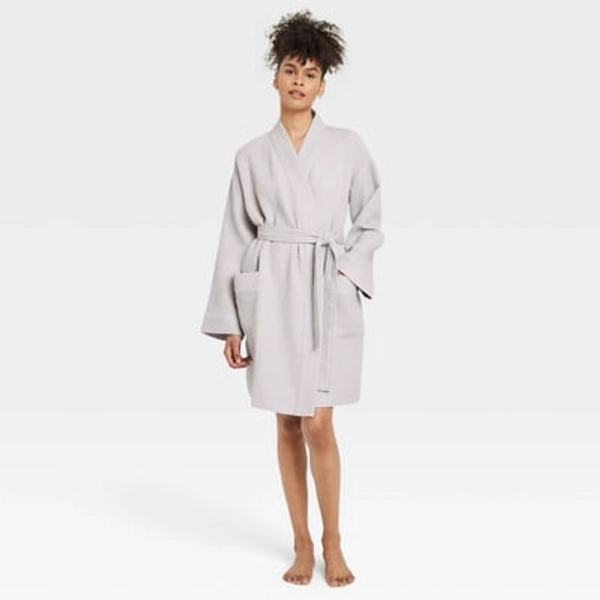 Women's Waffle Short Robe - Auden™ Light Gray M/L: Front Tie, Long Sleeve