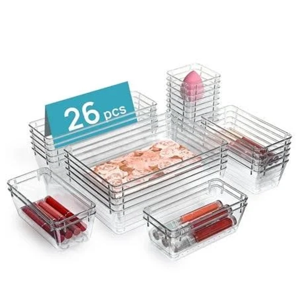 Vtopmart 26 PCS Clear Plastic Stackable Organizer BinsMakeup Drawer Organizers and Vanity Organizer