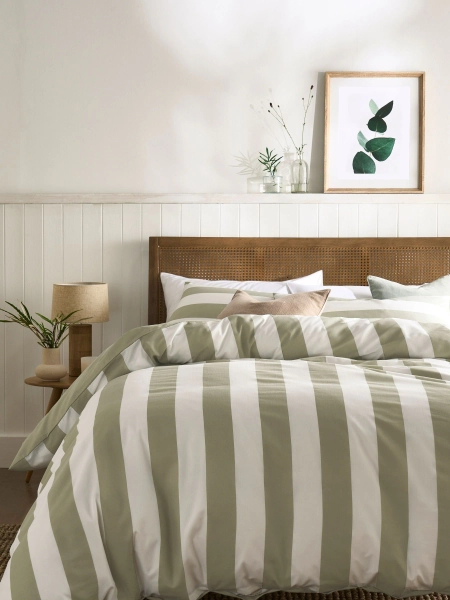 Green/White Wide Stripe Duvet Cover and Pillowcase Set