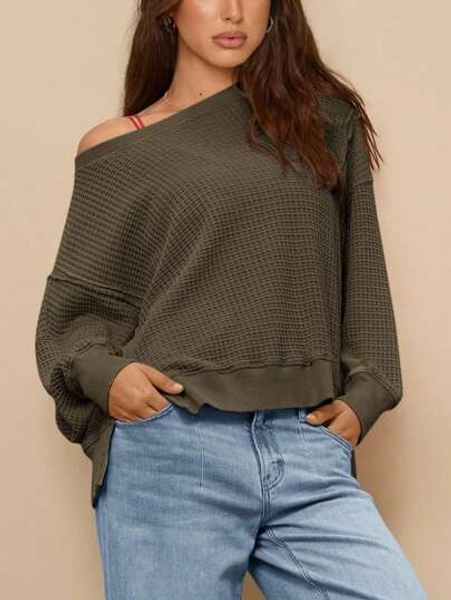 Women's Autumn Oversized Crew Neck Sweatshirt Casual Long-Sleeved Pullover Waffle Knit Top