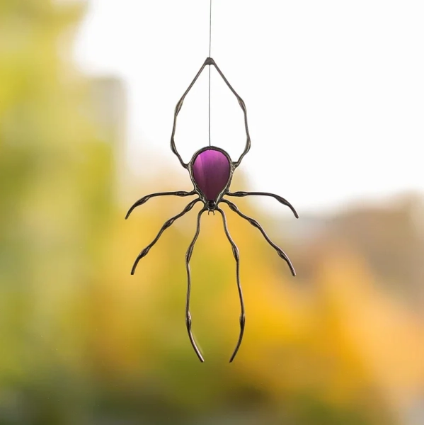 Spider Stained Glass Window Hangings - Unique Gifts for Friend - Halloween Decor Indoor - Unique Stained Glass Suncatcher