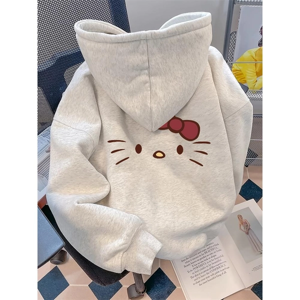 Sanrio Hello Kitty Hoodie Sweater - Light Grey with Red Bow & Iconic Hello Kitty Face, 100% Polyester Cozy Pullover, Anime Kawaii Outfit for Fall Winter, Casual Wear & (Machine Washable)