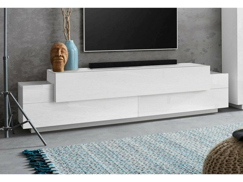Dmirand TV-meubel, Laag woonkamerdressoir, TV-meubelbasis, 100% Made in Italy, 200x45h52 cm, Glanzend wit