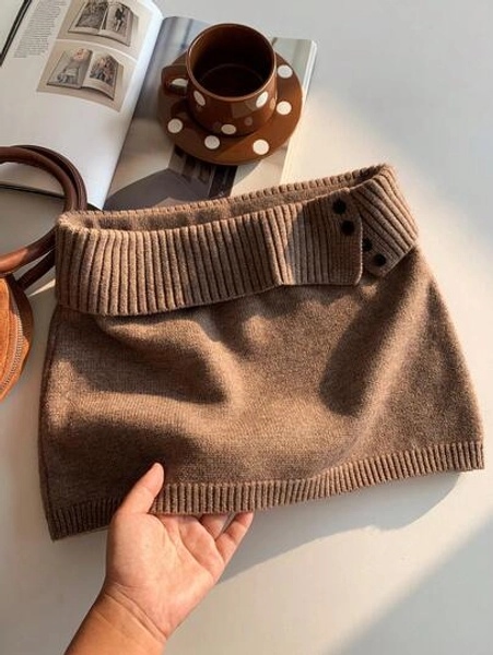 Comfortcana Women's Solid Color Knitted Ribbed Casual Versatile Sweater Skirt, Korean Style In Fall/Winter Brown Clothes Brown Skirt