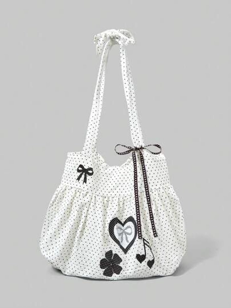 ROMWE Anime Elegant Bowknot & Vintage Heart-Shaped Women Crossbody Bag, Minimalist Polka Dot Flower Music Note Large Tote Bag, Fits Laptop, Suitable For Daily Commute