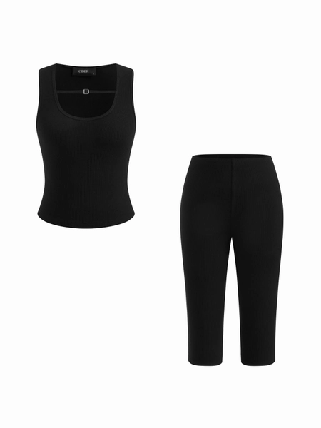 Cotton-blend U-neckline Belted Crop Tank Top & Mid Rise Capri Leggings Set