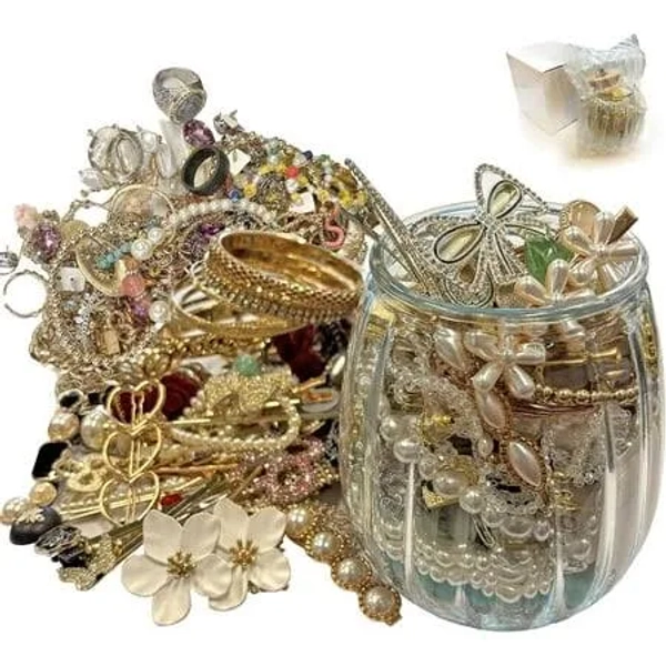 Mystery Jewelry Jar - 2 Pounds, Surprise Jewelry Jar, Mixed-Style Jewelry Set. It includes various necklaces, earrings, bracelets and rings, a unique
