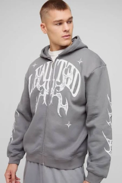 Men's Oversized Zip Through Limited Graphic Hoodie | Charcoal | boohooMAN