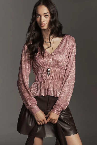 By Anthropologie Metallic Smocked Long-Sleeve Shirt