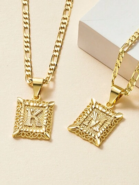 Initial Necklace Square Letter Pendant Necklace Capital Monogram Necklace Alhpabets from A-Z Figaro Chain Necklace