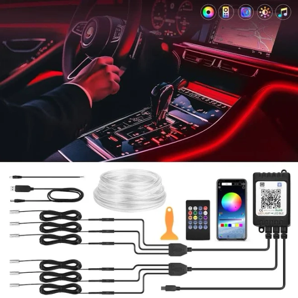 MICTUNING Interior Car LED Strip Lights RGB 8 in 1 Car Neon Ambient Lighting Kits with 400 inches Fiber Optic tubing