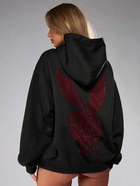 Missguided x Playboy Oversized Hoodie With Rhinestone Bunny Logo Design For Casual Winter Streetwear