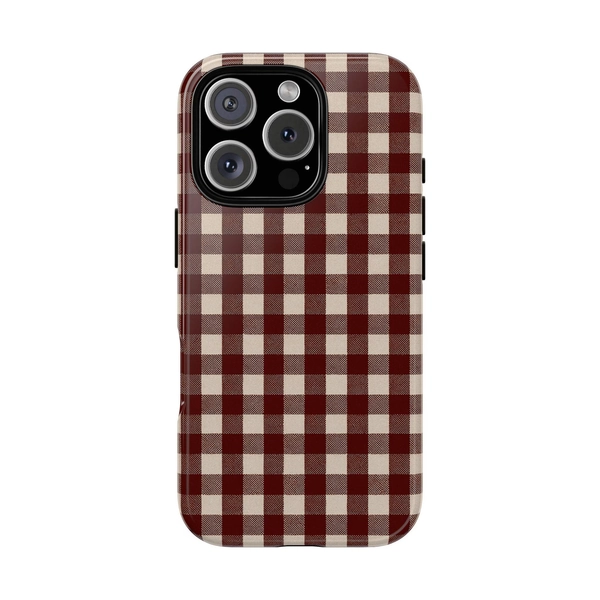 Deep Red Gingham iPhone Case, Oxblood Checkered Phone Cover, Dark Crimson Fall Aesthetic Case for iPhone 16 15, Minimalist Retro Tech Gift