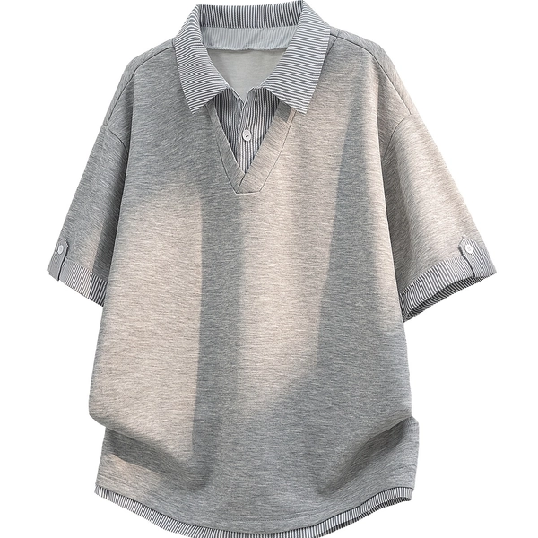 Men's Fake 2pcs Short Sleeve T-Shirt, American Retro Collared Shirt, 2026 Summer New Arrival, Color-Block Striped High Street Hong Kong Style Trendy Top, Breathable & Lightweight for Teenagers, Casual Commuter Versatile Men's Apparel