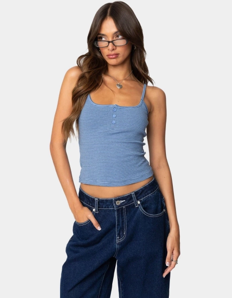 EDIKTED Striped Henley Tank Top - BLUE