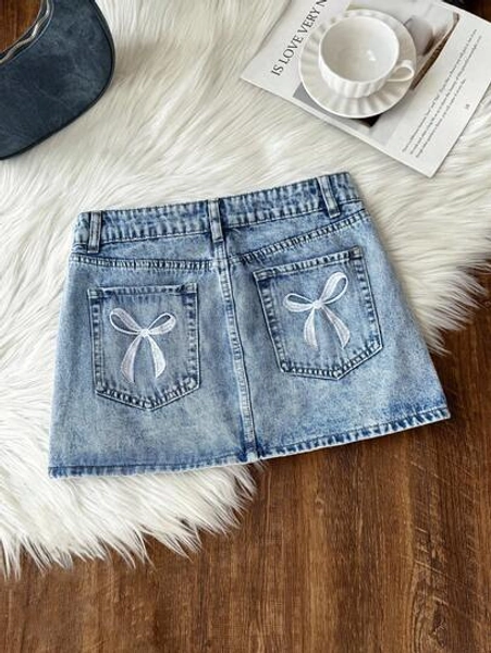 Comfortcana Women's Blue Denim Skirt Low Waist Mini Skirt, Exquisite Bow Embroidery Summer Denim Skirt College Style, Going Out