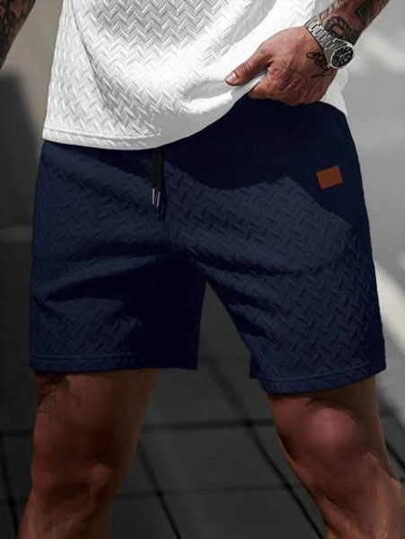 Manfinity CasualCool Men's Summer Jacquard Drawstring Shorts With Leather Patch, Elegant Gift For Boyfriend Or Husband Navy Shorts Men Navy Blue Shorts Men Men Navy Shorts Navy Blue Swim Trunks Men Navy Swim Trunks