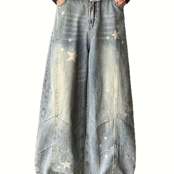 Men's & Women's Vintage Y2K High Waisted Straight Leg Jeans - Wash Blue Pants with White Star Print, Stretch Fit, All-Season Casual Streetwear (Machine Washable) - Unisex Retro Style for Jeanswear Lovers