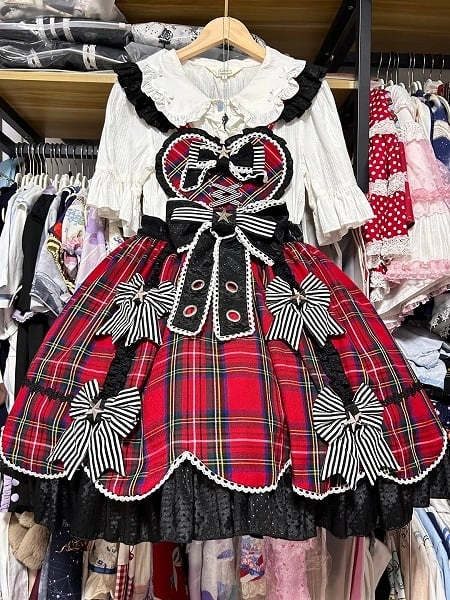 [£95.61]Punk Lolita Red Plaid Heart-Bodice Jumper Skirt with Flutter Straps & Striped Bowknots