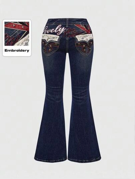 ROMWE Grunge Punk Plus Size Retro Y2K Baddie UK Flag Design Rivet Skinny Flare Jeans