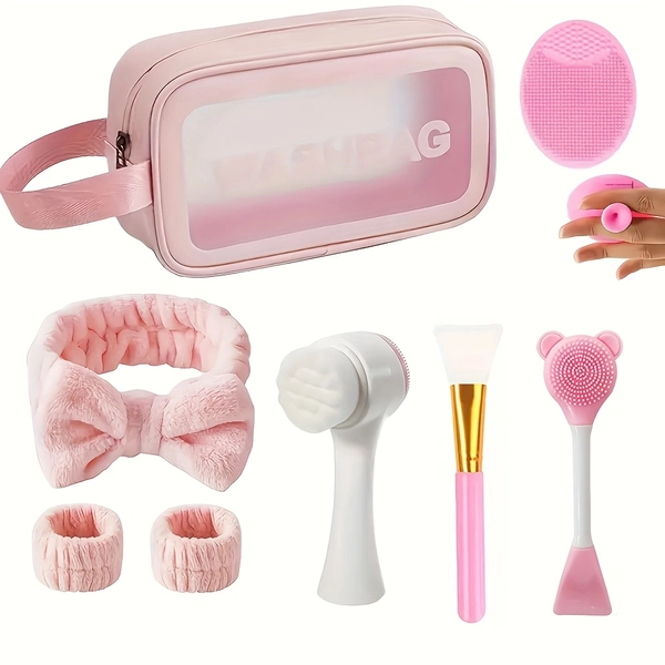 [Deep Cleansing Set] 8pcs Makeup Bag + Deep Cleansing Facial Care Set | Light Beige-Friendly Silicone Exfoliating Brush & Anti-Spill Spa Headband, Suitable for Home/Travel Multi-Scenarios, Women's Skincare Gift Choice