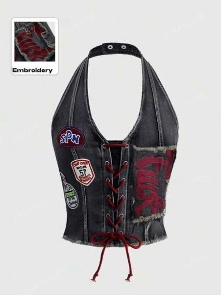 ROMWE Avant Spring/Summer Women's Y2K Retro Jersey Sports Ballet Style Graphic Logo Embroidered Lace-Up Low Waist Sexy Cropped Denim Top - Size XS