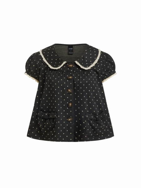 Jacquard Polka Dot Peter Pan Collar Puff Sleeve Ruffled Blouse