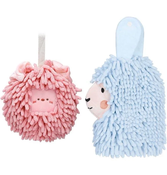 Chenille Fuzzy Hand Towels Set of 2, Cute Decorative Hanging Absorbent Soft Towels 7"x11"&7"x7", Blue Pink, 2 Pc