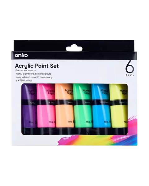 6 Pack Acrylic Paint Set - Fluorescent - Assorted - One Size
