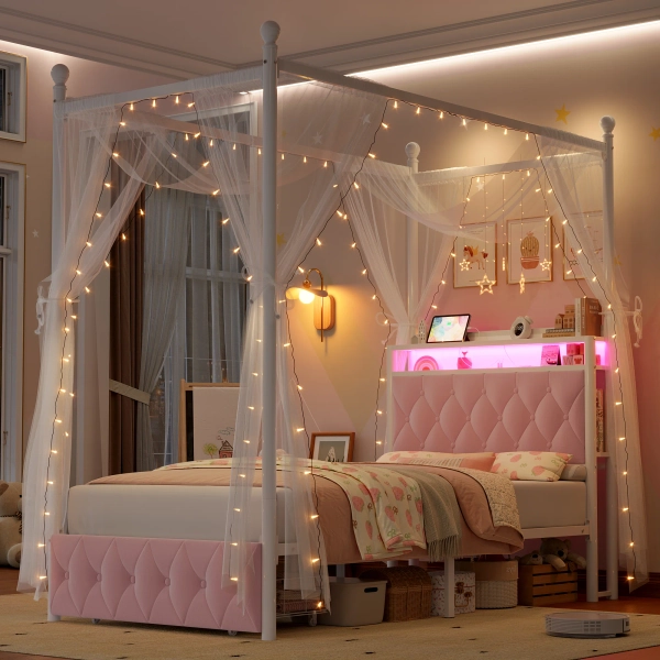 👑 LED Canopy Bed Frame with USB Charging & Drawers, Metal Bed Frame with 2-Tier Shelves, Canopy Bed Convertible to Platform Storage Bed | Wayfair