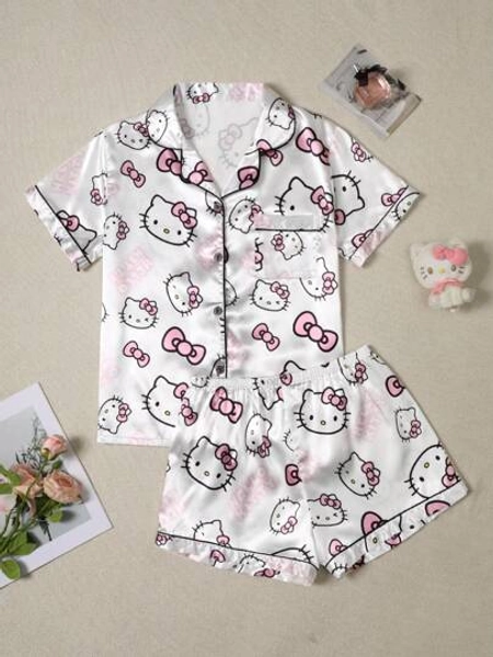 Sanrio Hello Kitty Silk Pajama Set, Short Sleeve Button Front Lapel Bow Cartoon Cute Front Button Pocket Contrast Trim