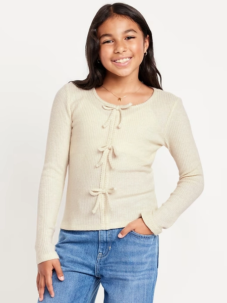 Fitted Long-Sleeve Ribbed Bow-Tie Top for Girls