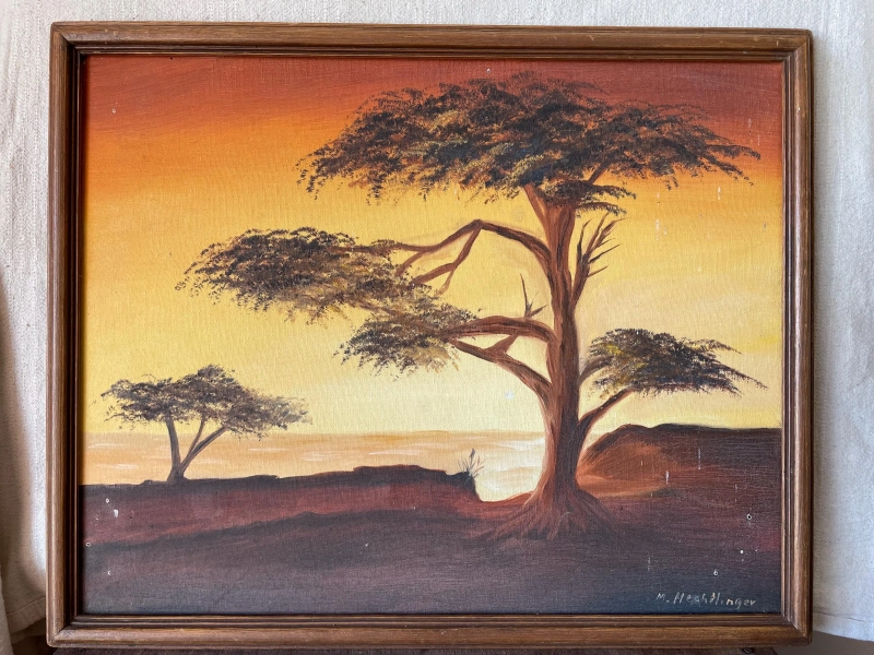 Vintage Sunset Landscape Painting | Framed Tree Silhouette Wall Art