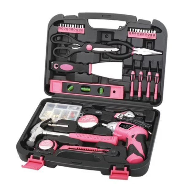 Apollo Tools 135pc Household Tool Kit DT0773N1 Pink: Women's Tool Set with Chrome-Plated Hardware & Carrying Case