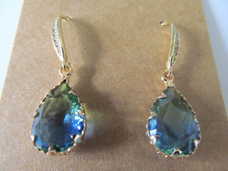 NEW FACETED BI-COLOR BLUE TOPAZ-PERIDOT TOURMALINE CRYSTAL GP PIERCED EARRINGS