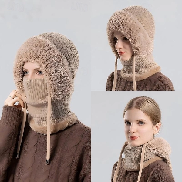 3-in-1 Beanie Hat Neck Warmer Face Cover Women Outdoor Knitted Hat with Fleece Lined Face Mask and Neck Warmer All-in-One Beanie for Cycling Hiking Wi