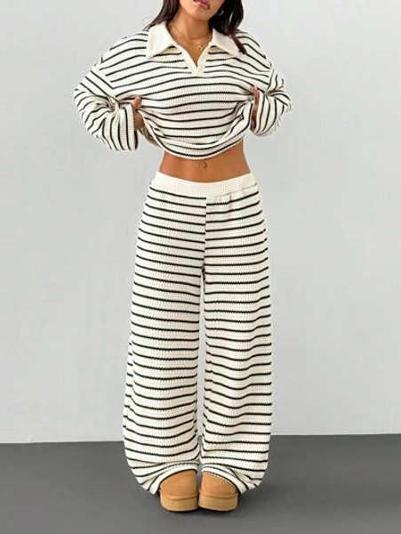 SHEIN PETITE Women's 2pcs Set Loose Striped V-Neck Drop Shoulder Long Sleeve T-Shirt &Elastic Waist Striped Pants, Winter Sweater Suit ,Autumn/Winter Women Striped Lounge Set Two Pieces Pants Set Women Two Pieces Set Casual Two Pieces Set Striped Two Pieces Set Comfortable Two Pieces Set