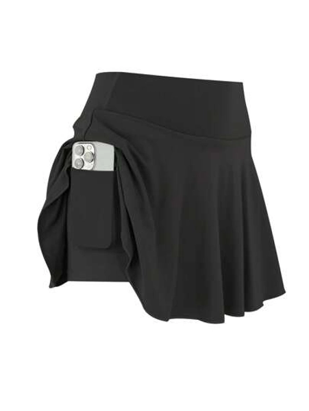 1pc Women Plus Size Sports Skirt, High Waist Workout Running Fitness Tennis Skirt, Casual Fashion 2 In 1 Skirt With Pockets