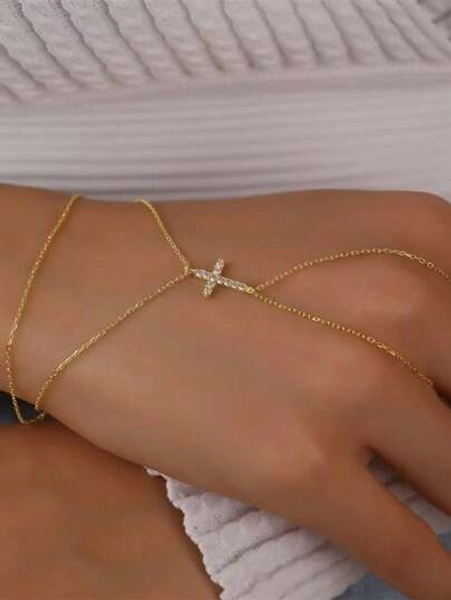 1pc Cross Zirconia Inlaid Metal Chain Finger Hand Chain
