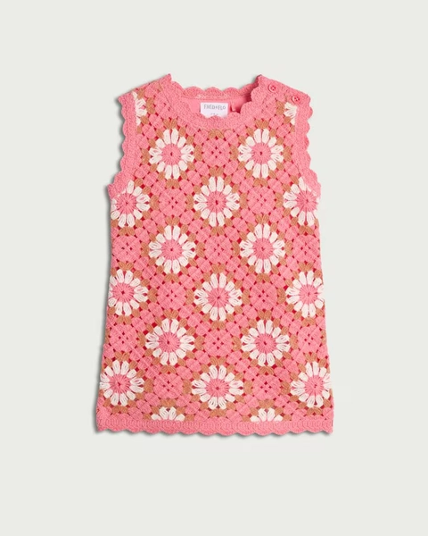 F&F Baby Cotton Rich Crochet-Look Floral Dress in Pink
