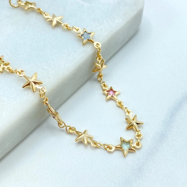 18k Gold Filled Multicolor Crystal Star Charm and Gold Star Charm Bracelet, Linked Stars Bracelet, Celestial Bracelet, Wholesale Jewelry