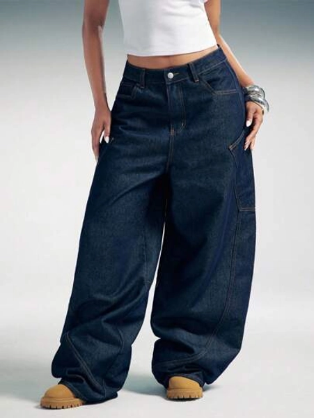 Denimoi Barrel Wide Leg Oversized Back Pockets Baggy Denim Jeans