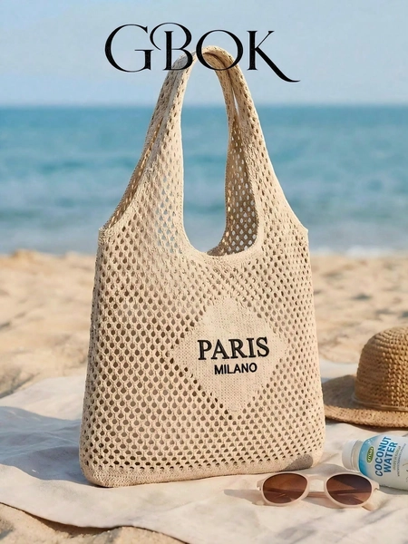 Women's Tote Bag - Vacation Style Paris Letter Embroidered Beach Bag, Vintage Hollow Out Breathable Beach & Travel Bag, Washable Fabric, Casual Shopping Accessory, Durable Woven Design