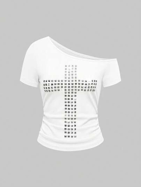 Grunge Punk Y2K Punk Kpop Cross Rivet Oblique Shoulder Fitted Solid Color Versatile T-Shirt