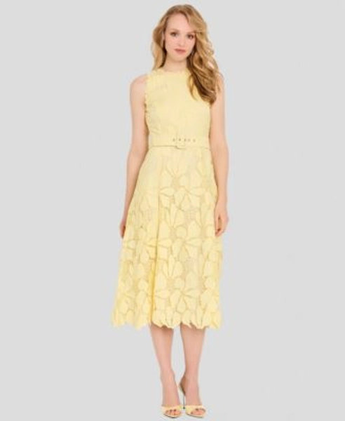 Women's Belted Lace Midi Dress