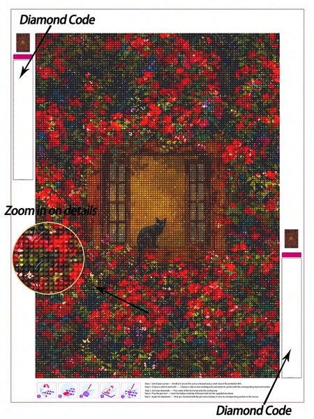 5D DIY Diamond Painting Kit Red Bougainvillea Window Black Cat Diamond Art Painting Bright Red Flowers Surrounding Warm Light Vintage Window Cozy Fantasy Wall Decor Adult DIY Diamond Painting Set Create Unique Wall Art